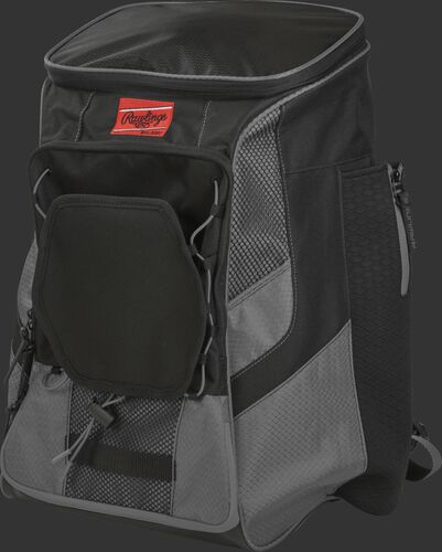 Front left of a gray/black R600 Rawlings backpack without bats