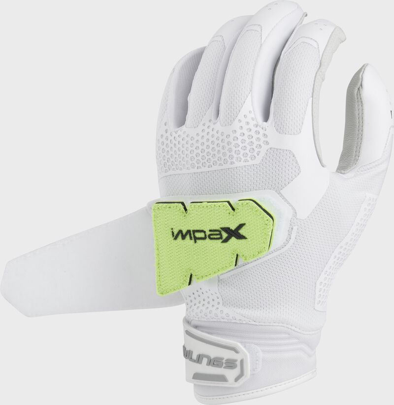 Impax pad on the back of a white workhorse pro fastpitch batting glove - SKU: FP2PBG-W