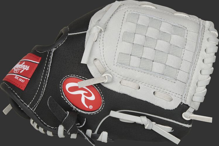 Thumb of a black SC950BGB Sure Catch 9.5-inch youth infield/pitcher's glove with a grey Basket web