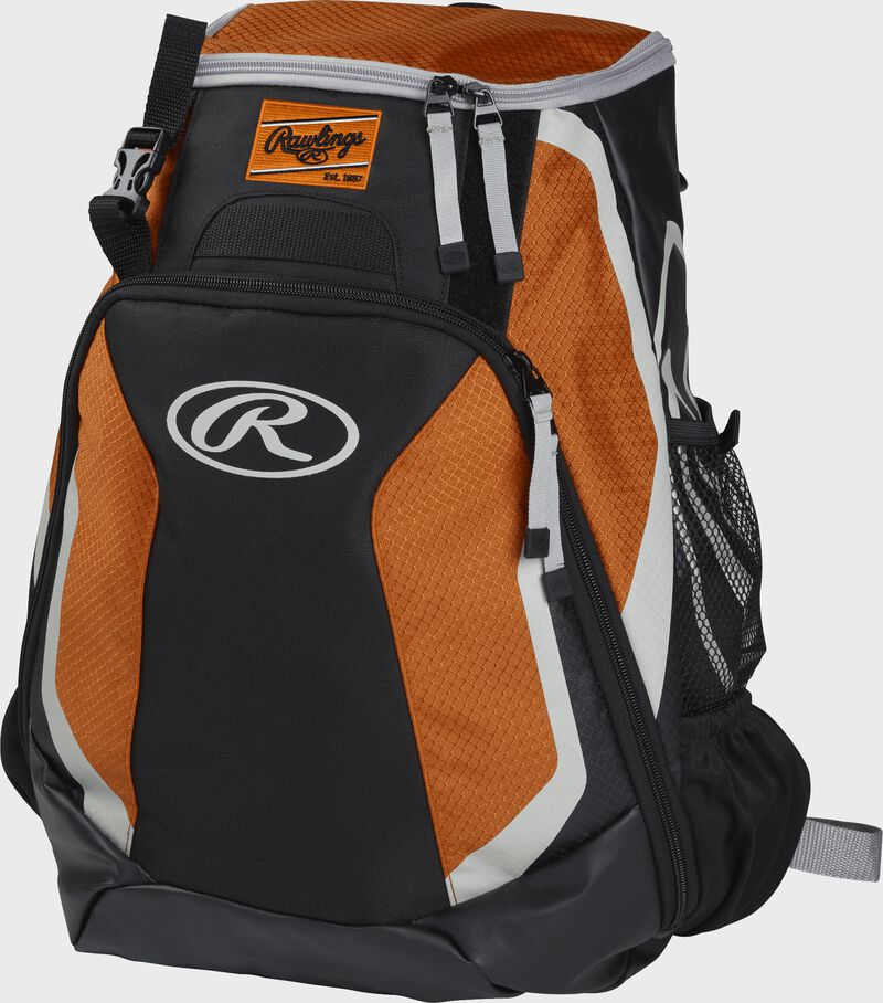Left side of a black/orange R500 Players team backpack with white trim