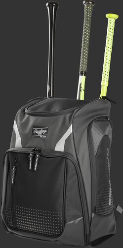 Angle view of a gray Legion baseball bat backpack with 3 bats in the back - SKU: LEGION-GR