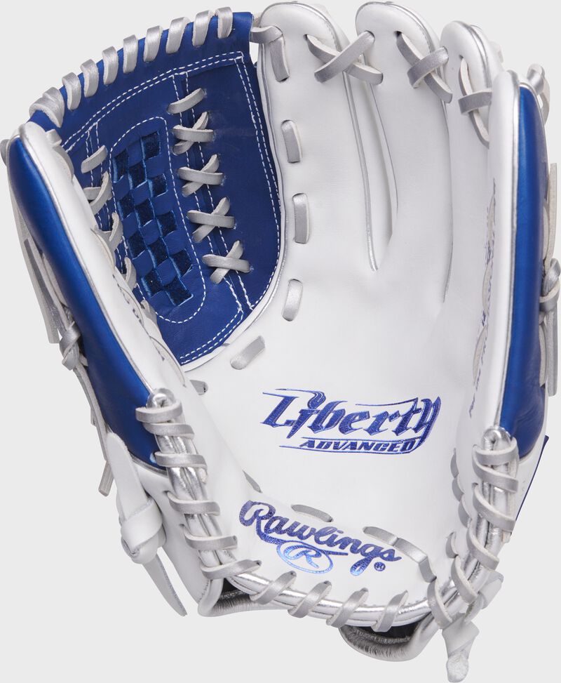 White palm of a Rawlings Liberty Advanced fastpitch glove with platinum laces and royal stamp - SKU: RLA125-18WRP