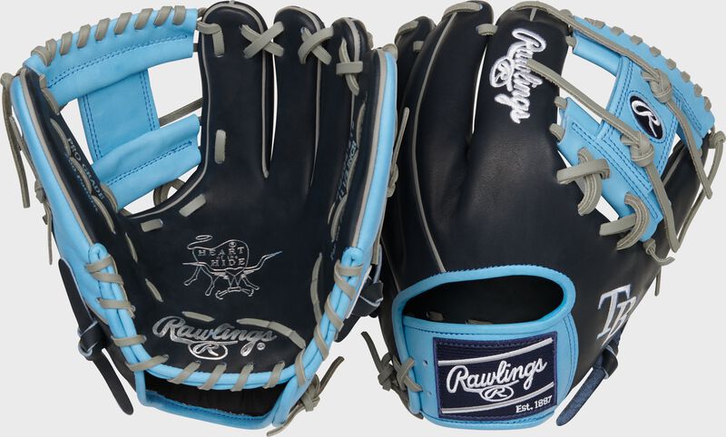 Two images showing the palm & back of a black/columbia blue Tampa Bay Rays Heart of the Hide glove