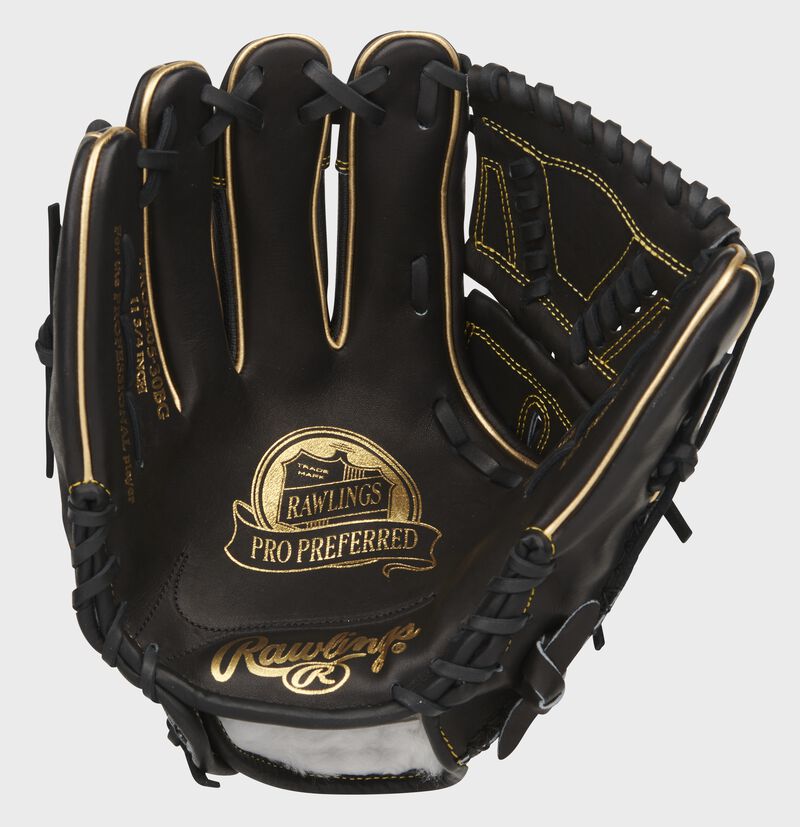 Black palm of a Rawlings Pro Preferred infield/pitcher's glove with gold stamping and black laces - SKU: PROS205-30BG