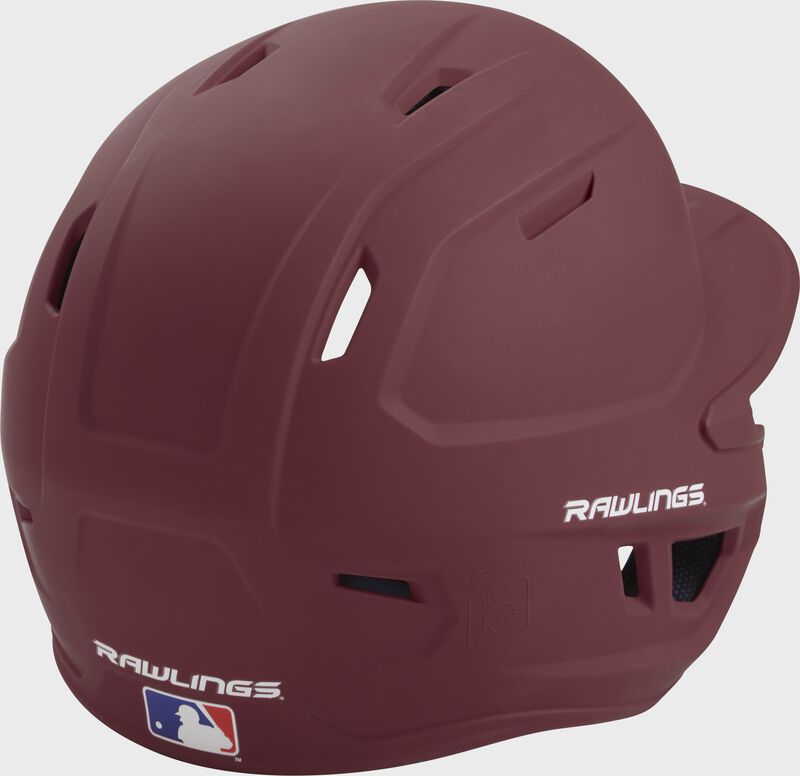 Back right of a one-tone matte maroon MACH Rawlings batting helmet