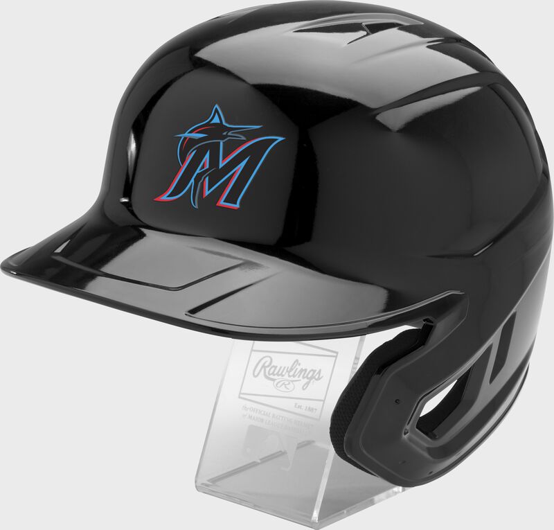 Front left of a black Rawlings Miami Marlins replica helmet - SKU: MLBMR-MIA loading=