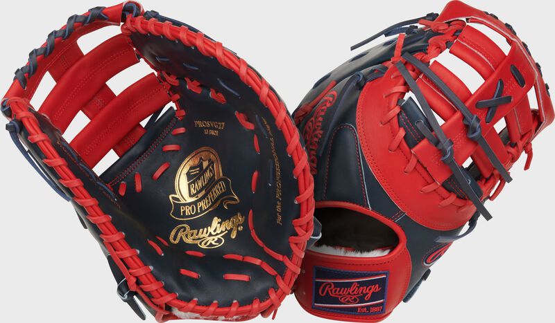 Two images showing the palm & back of a navy/scarlet Vladimir Guerrero Jr. Pro Preferred 13-Inch 1st Base Mitt loading=