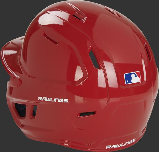 Back left of a scarlet MCH01A high school Mach helmet with air ventilation holes up the back