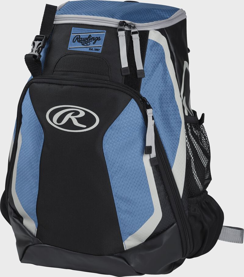 Left side of a black/columbia blue R500 Players team backpack with white trim