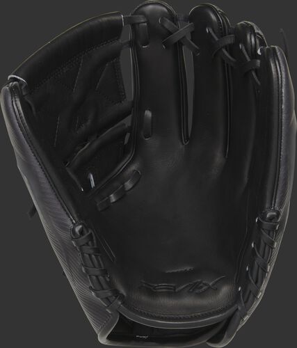 Black leather palm of a Rawlings REV1X infield/pitcher's glove with black laces - SKU: REV205-9X