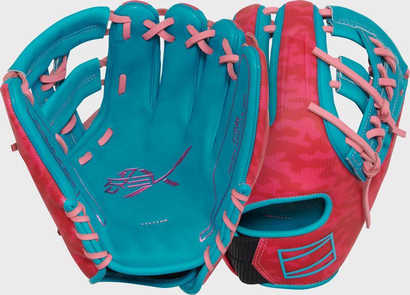 Two images showing the palm & back of a pink/teal Rawlings Electric Unicorn REV1X 11.5" glove