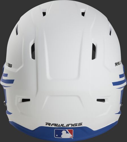 Back of a white/royal Rawlings Mach fastpitch helmet with the MLB logo on the bottom - SKU: MSB13S-W/R