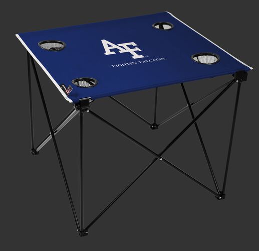A blue NCAA Air Force Falcons deluxe tailgate table with four cup holders and team logo printed in the middle SKU #00713000111