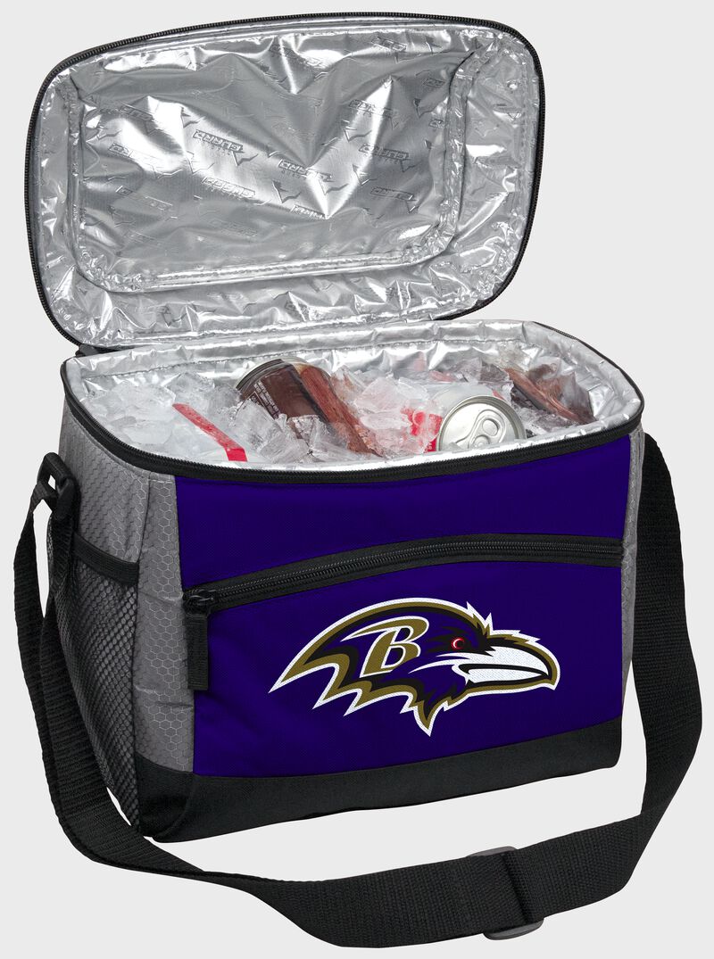 An open Baltimore Ravens 12 can cooler with ice and drinks