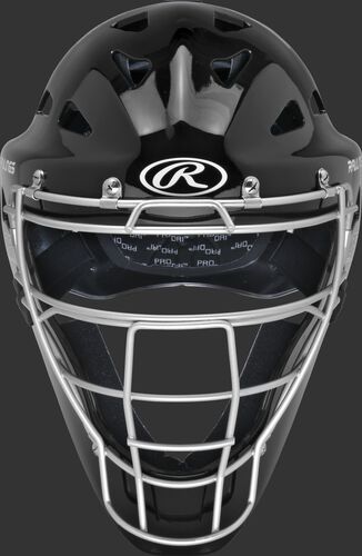 Front of a black CHRNGD Renegade adult hockey-style catcher's helmet
