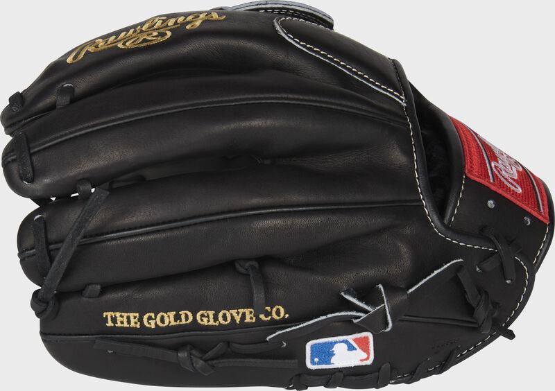 Black finger backs of a Rawlings HOH infield/pitcher's glove with the MLB logo on the pinky - SKU: PRO12-9JBPRO