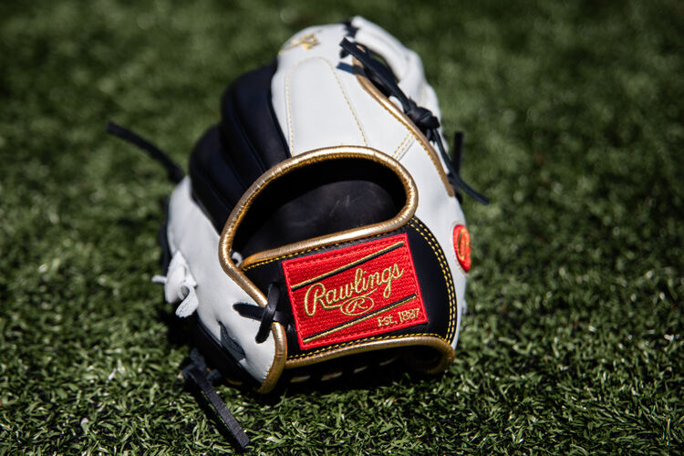 Red Rawlings patch on an Encore 11.25-Inch glove lying on a field - SKU: EC1125-20BW