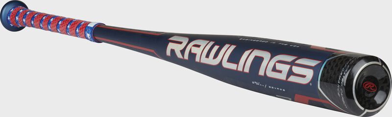 Angle view of a red, white & blue limited edition Velo ACP BBCOR bat with a white/red Rawlings logo – SKU: BBVRWB