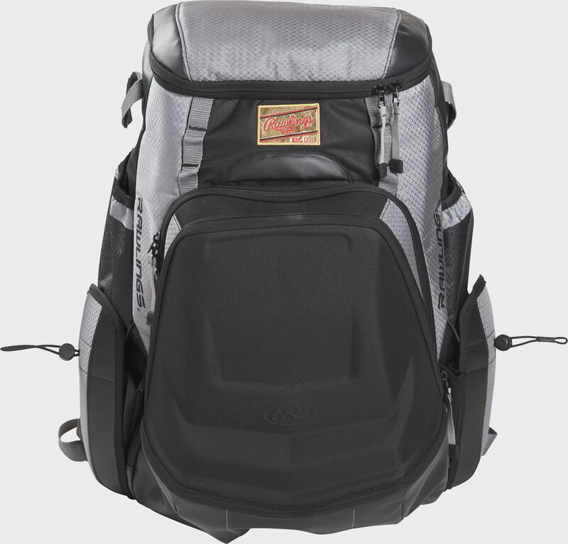 Front of a black/gray R1000 Rawlings Gold Glove backpack with a gold patch