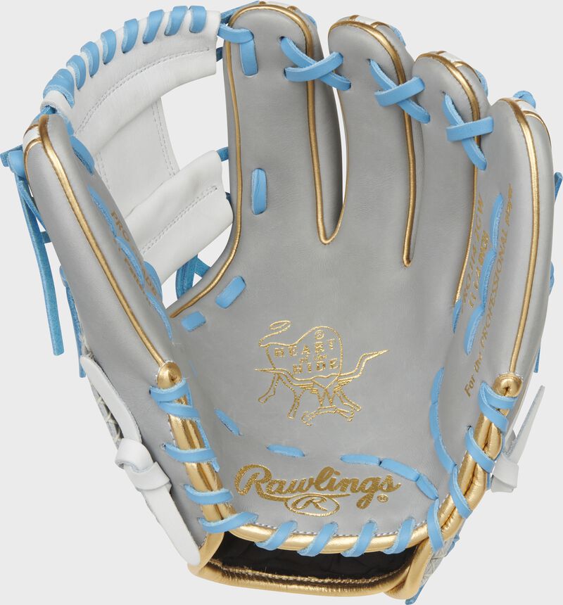 Gray palm of a Rawlings Heart of the Hide ColorSync 5.0 infield glove with gold stamping and Columbia blue laces - SKU: PRO314-2GW