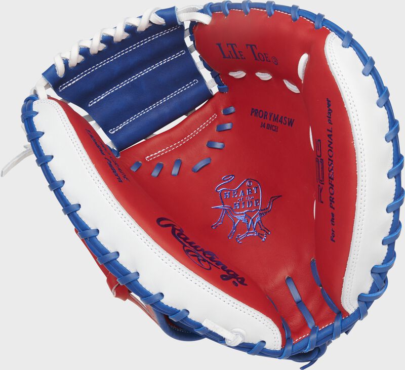 Scarlet palm of a Rawlings Heart of the Hide R2G catcher's mitt with royal stamping and white/royal laces - SKU: RSGPRORYM4SW