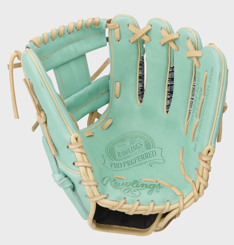 Ocean mint palm of a Pro Preferred Zebra Knit glove with an ocean mint web and camel laces - SKU: PROS204-2OMZ