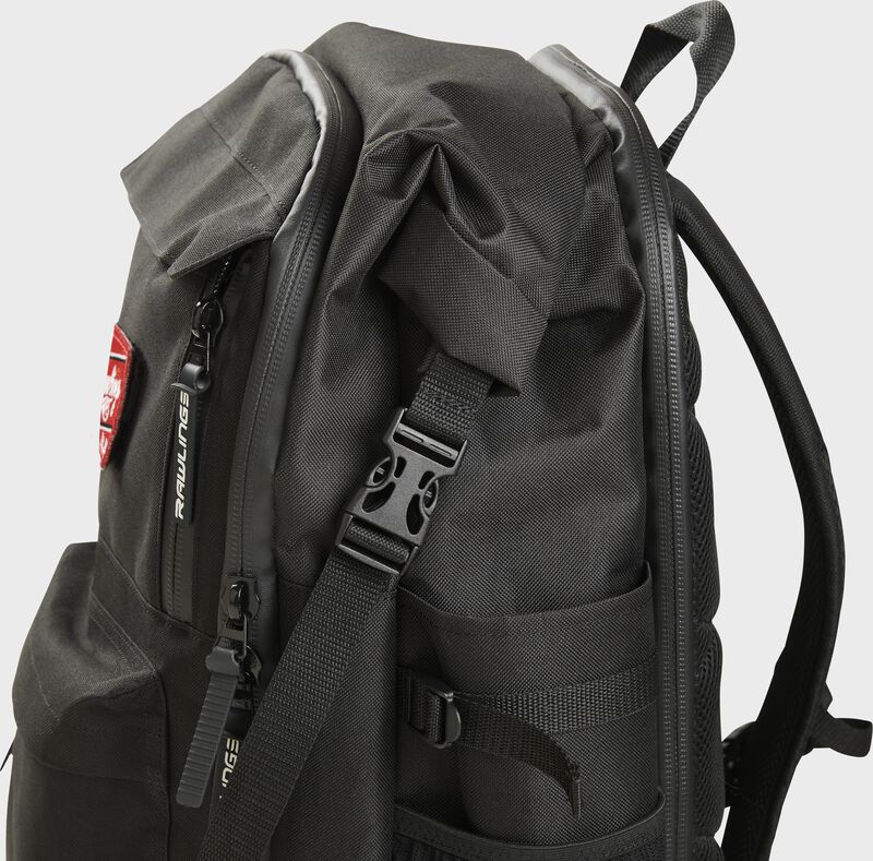 Left side of a black Rawlings coach's backpack with the clip on the side - SKU: CEOBP-B