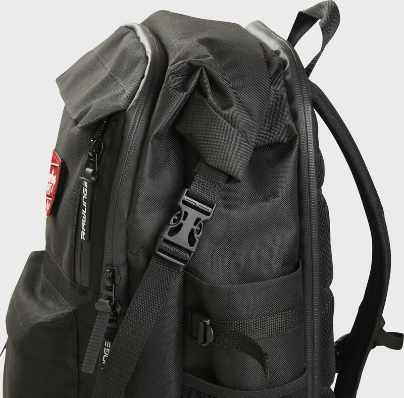 Left side of a black Rawlings coach's backpack with the clip on the side - SKU: CEOBP-B loading=
