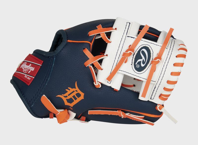 A navy/white Detroit Tigers 10-Inch team logo glove with a white I-web and Detroit logo on the thumb - SKU: 22000027111