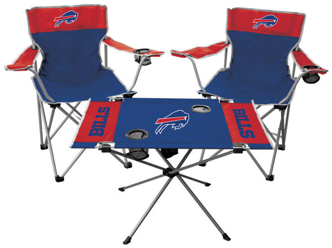 Front of Rawlings Blue and Red NFL Buffalo Bills 3-Piece Tailgate Kit With Two Kickoff Chairs, An Endzone Table, And A Transport Bag With Team Logo SKU #01041061511