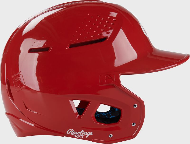 Right side of a scarlet Rawlings RX2 gloss baseball batting helmet