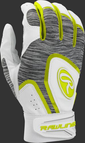 A white 5150WBG-OY youth 5150 batting glove with a heather grey back and optic yellow trim