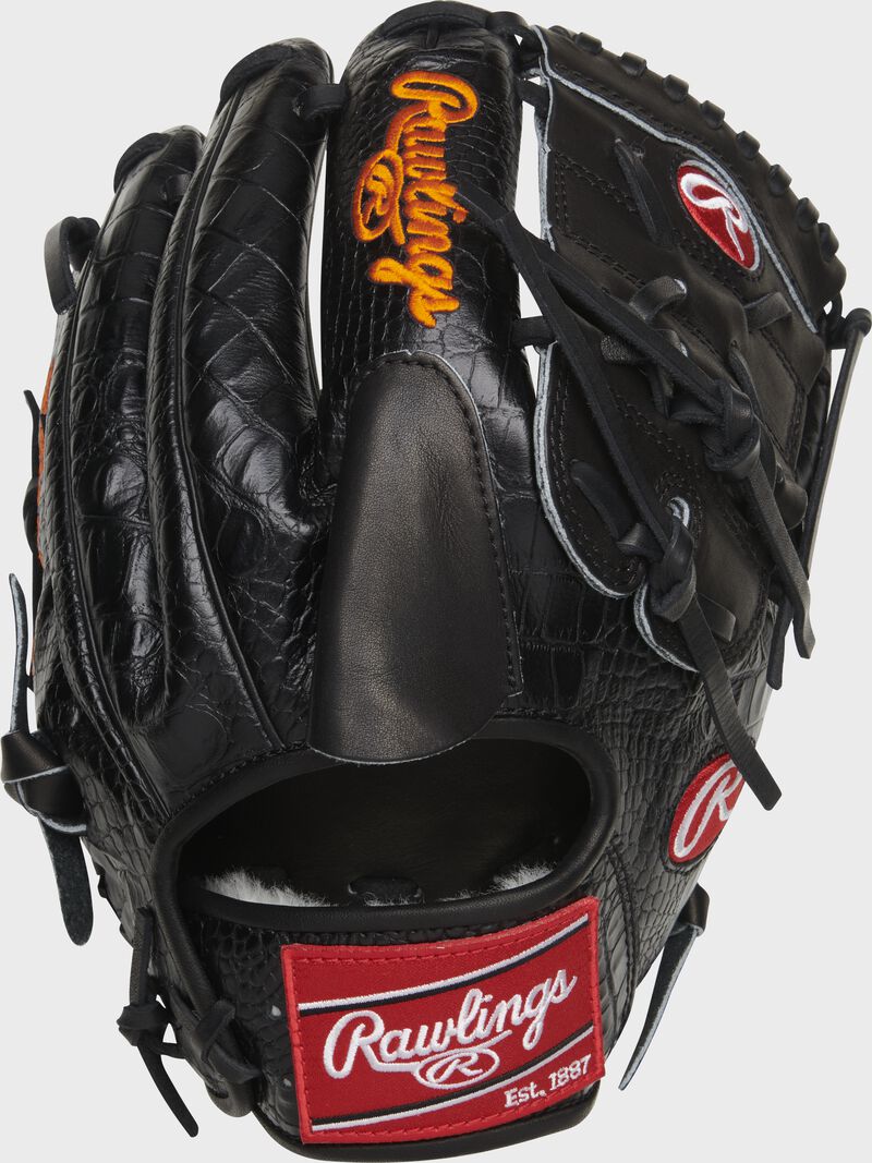 Back of a black Pro Preferred Jacob Degrom glove with a croc embossed leather back and red Rawlings patch - SKU: PROS205-JD48 image number null