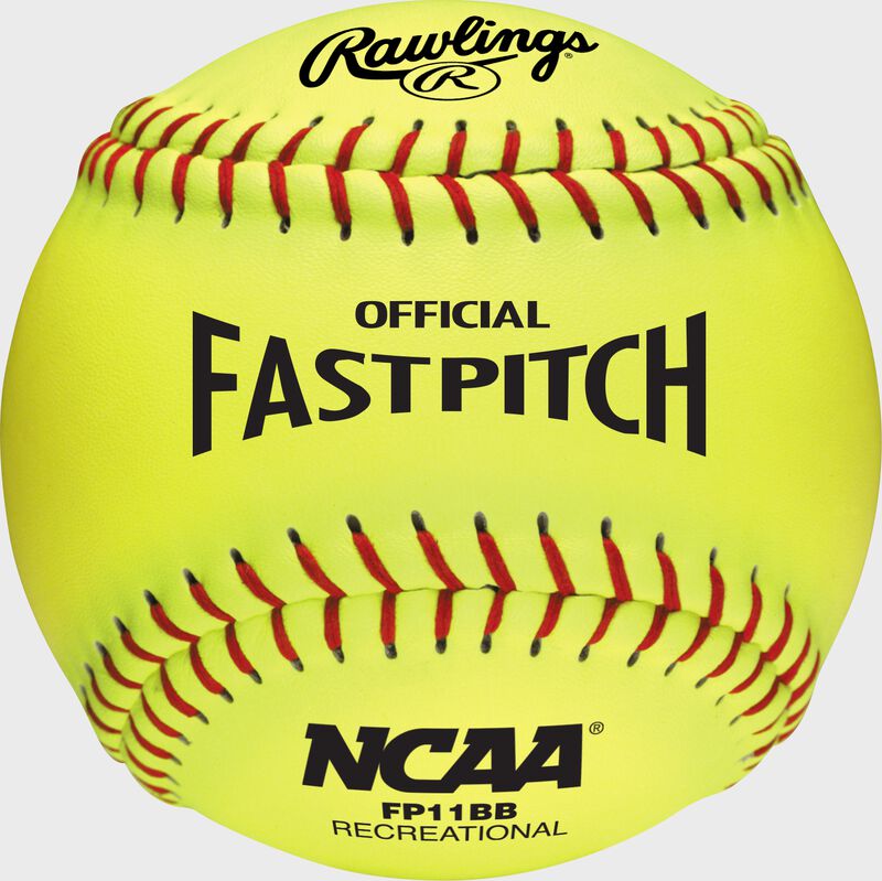 A yellow Rawlings 11-Inch NCAA recreational fastpitch softball