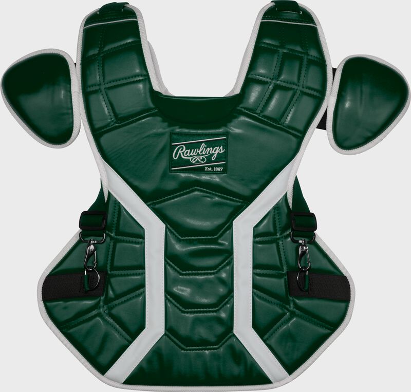 Front of a dark green Rawlings Mach Pro Series chest protector loading=