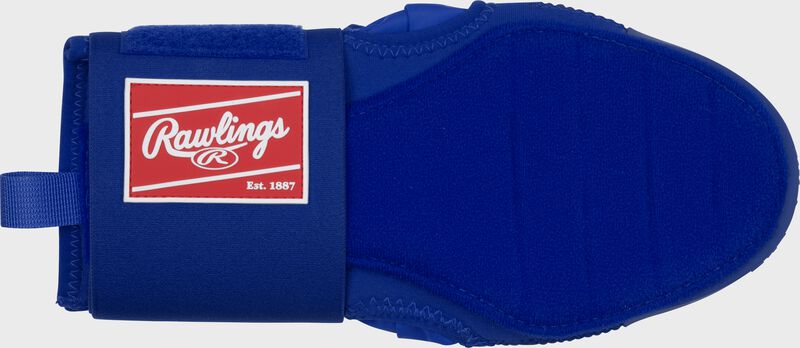 Palm of a royal Rawlings sliding mitt with a red Rawlings patch logo on the wrist cuff