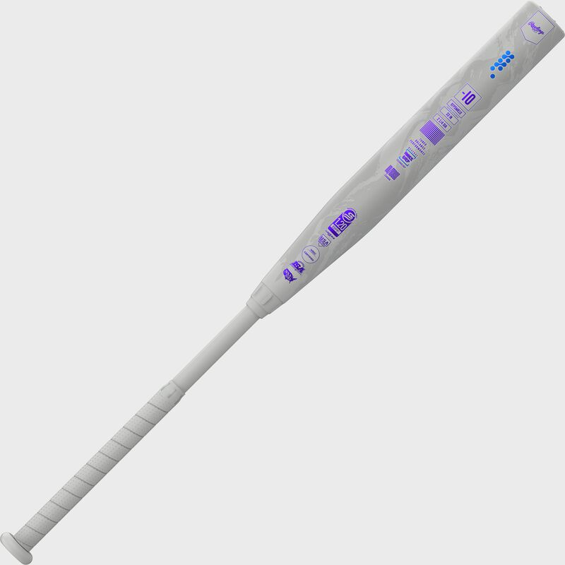 Alternate side of a gray Rawlings Mantra Reverse fastpitch softball bat