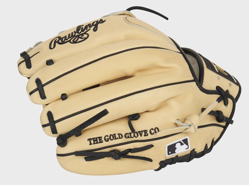 Camel back of a Rawlings 11.75-Inch Pro Preferred H-web glove with the MLB logo on the pinkie - SKU: PROS205-6CB loading=