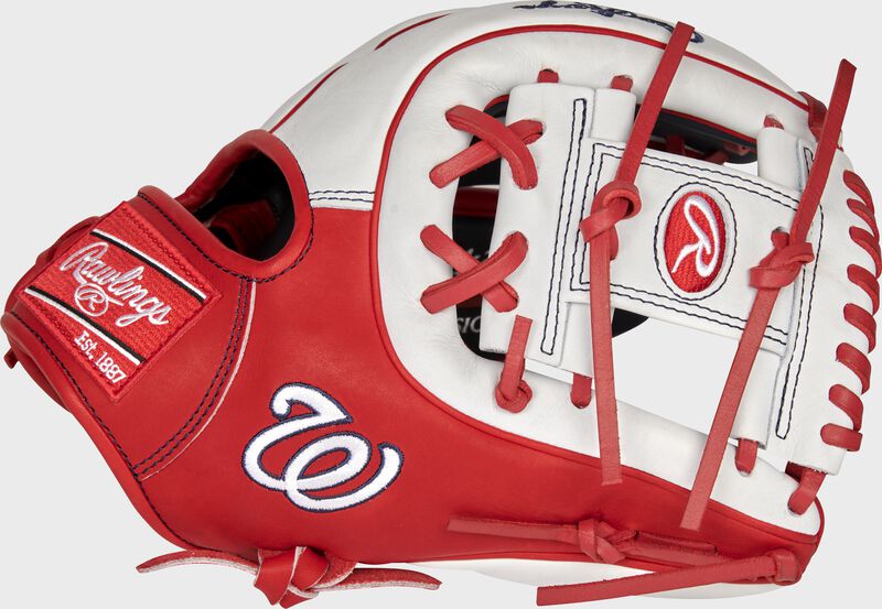 Web back view of scarlet and white 2021 Washington Nationals Heart of the Hide glove