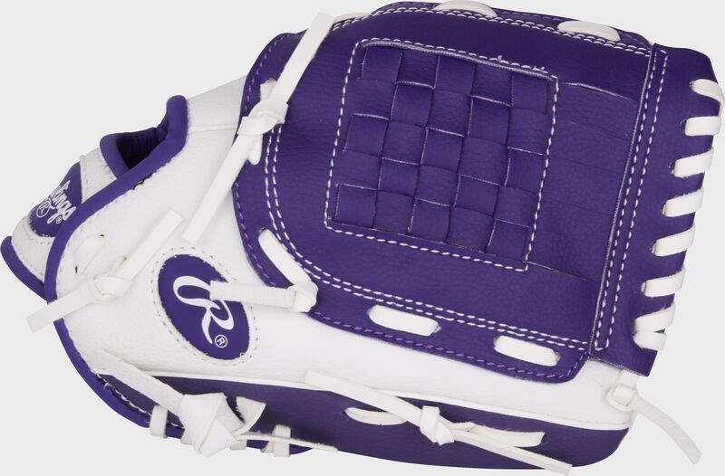 Thumb of a white/purple Rawlings Players Series 10" youth glove with a purple Basket web