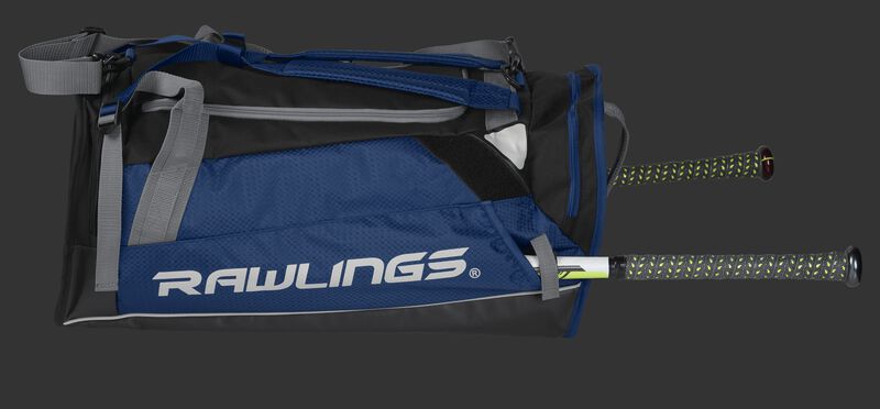 Side view of a navy R601 Hybrid backpack with a bat in the side sleeve