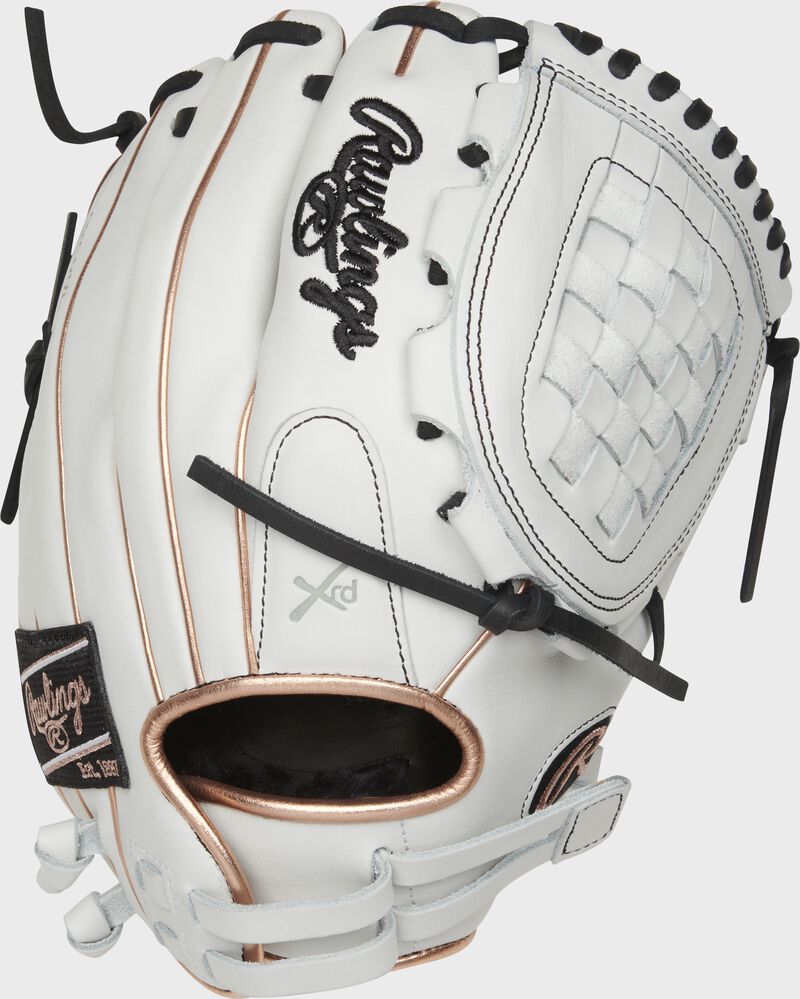 RLA120-3RG 12-Inch Liberty Advanced infield/pitcher's Basket web glove with a white back and rose gold binding/welting