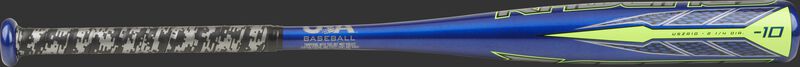 USZR10 Rawlings -10 Raptor youth bat with a blue barrel and green/grey accents