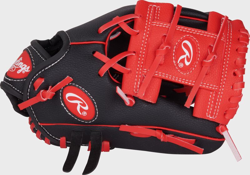Thumb of a black/scarlet Rawlings Players Series 10" youth glove with a scarlet I-web