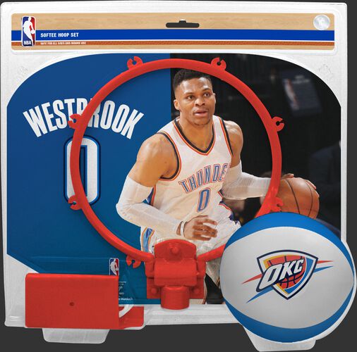 A NBA Oklahoma City Thunder Russell Westbrook softee hoop set with a picture of Westbrook on the backboard - SKU: 03545057511