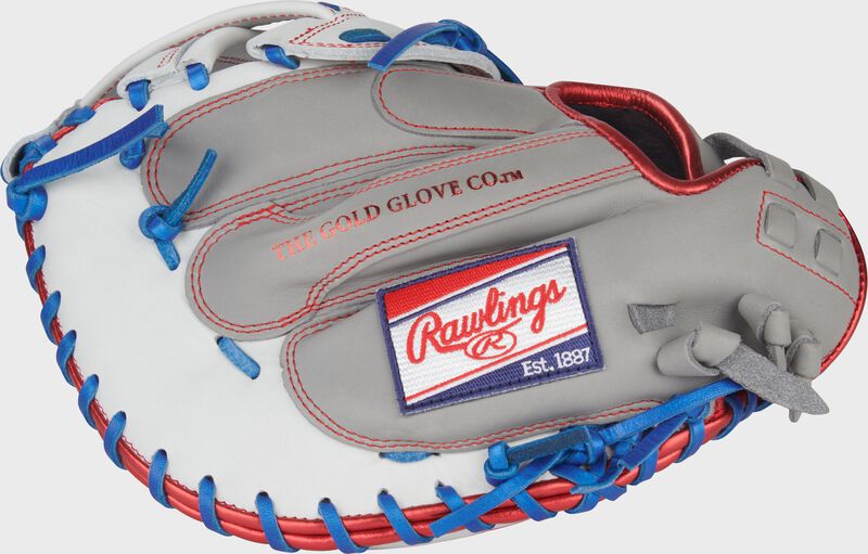 Finger backs of a gray/white/royal Liberty Advanced 33-inch Fastpitch Softball Catcher's Mitt loading=
