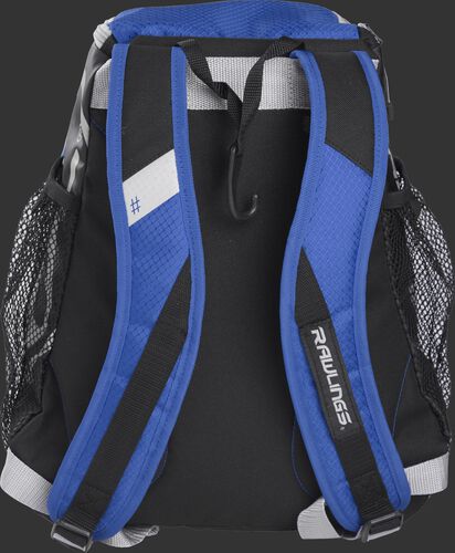 Back of a royal R400 Rawlings youth backpack with royal shoulder straps
