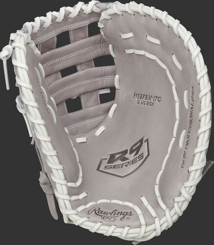 Gray palm of a Rawlings R9 Series 1st base mitt with a gray web and white laces - SKU: R9SBFBM-17G