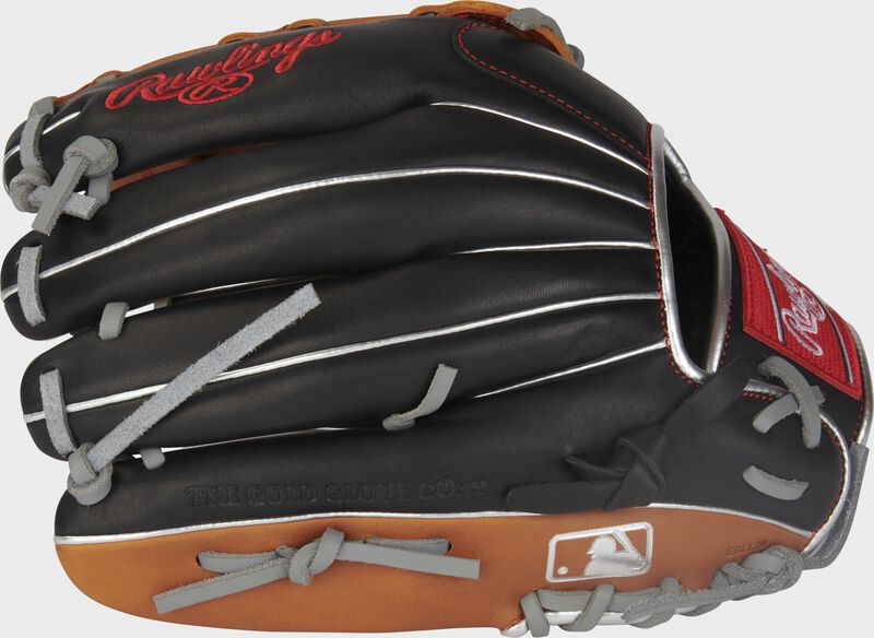 Back of a black/tan R9 ContoUR 12" baseball glove with the MLB logo on the pinky - SKU: R9120U-6BT