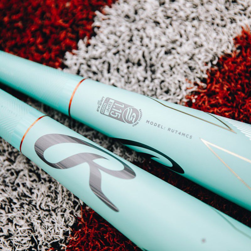 2 Mach AI baseball bats with the USSSA stamp showing on one and the Rawlings R logo on the other - SKU: RUT4MC